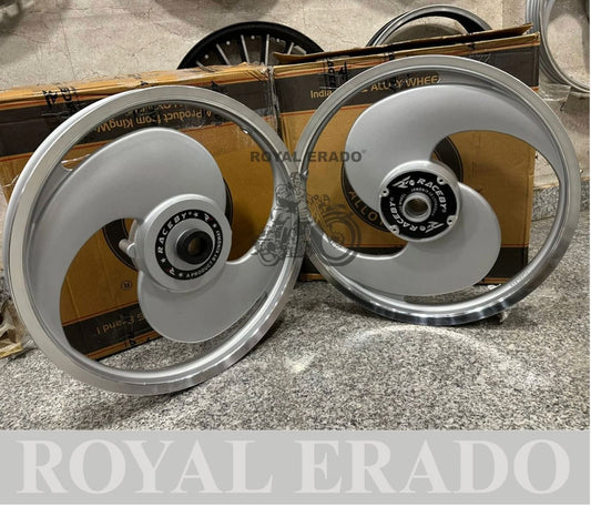 Kingway Raceby  alloy wheel 2S spoke big S Broad S alloy wheel silver colour for Royal Enfield STANDARD BIG DRUM after 2010 model (front 19” drum and rear 19” drum)