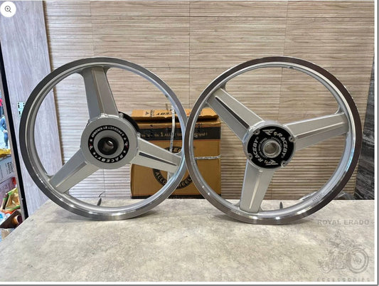 KINGWAY RACEBY NEW STAR DIAMOND MERCEDES SILVER ALLOY WHEEL SET FOR ROYAL-ENFIELD STANDARD BIG DRUM model front 19” drum and rear 19” drum
