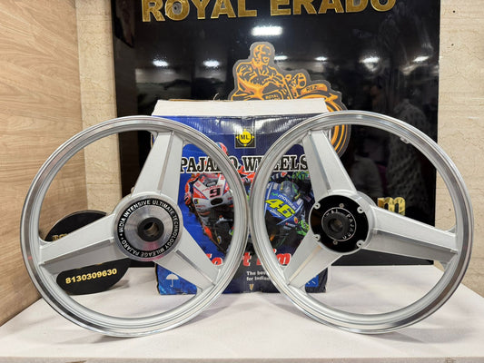 PAJERO NEW STAR DIAMOND MERCEDES SILVER ALLOY WHEEL SET FOR ROYAL-ENFIELD STANDARD BIG DRUM model front 19” drum and rear 19” drum