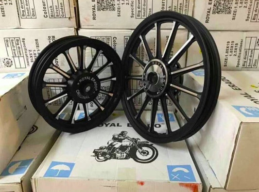 Royal Erado imported 13-spoke Harley design alloy for classic Electra standard Thunderbird alloy wheel, front 19” disc, and rear 15” drum for a broad 150 number tyre for making bike chopper bobber harley 883 look