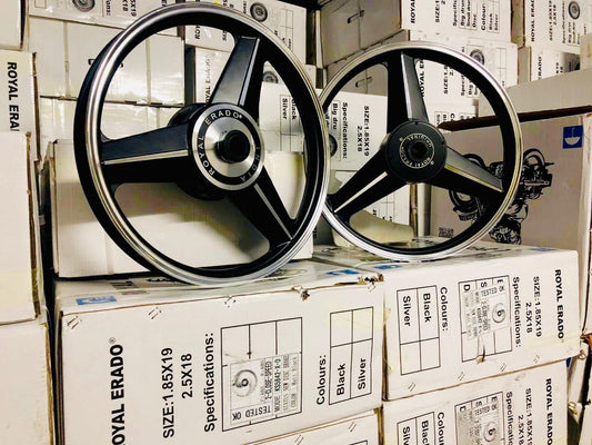 ROYAL ERADO Diamond black Alloy Wheel Set rear small drum brake | For Splendor old with small drum rear / SPLENDOR PLUS / splendor pro / super splendor / hf deluxe / hero Honda old model splendor ( front 18” drum and rear 18” small drum )