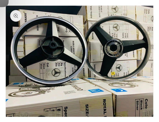 ROYAL ERADO Diamond black Alloy Wheel Set rear small drum brake | For Splendor old with small drum rear / SPLENDOR PLUS / splendor pro / super splendor / hf deluxe / hero Honda old model splendor ( front 18” drum and rear 18” small drum )