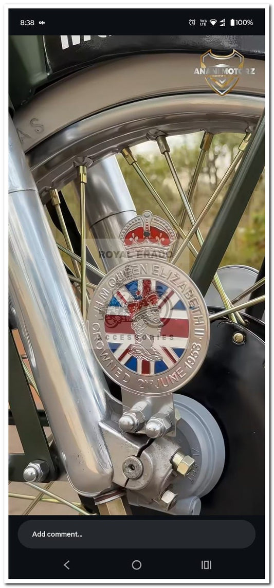 Queen Elizabeth crown monogram fit to front wheel shocker or tool box air filter battery cover  for royal enfield classic electra standard uce vintage g2 1962 old model bullet 350 new reborn and battalion , hunter 350 , super meteor 650 short gun 650