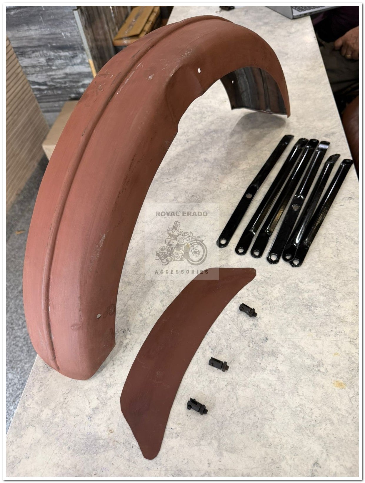 Royal enfield vintage g2 1962 old model bullet 350 style front mudguard with number plate ad stays for classic electra and standard