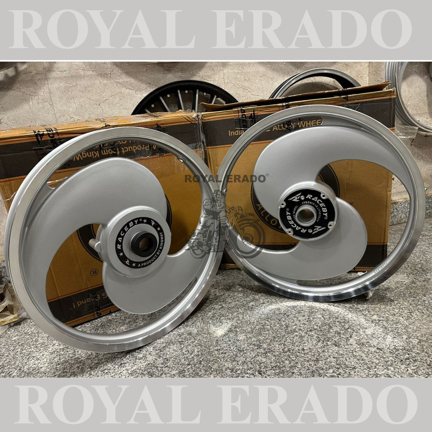 Kingway Raceby Royal Enfield Electra and Standard abs alloy wheel 2S 2 spoke big S broad S alloy wheel silver color ( front 19” disc rear 19” drum )