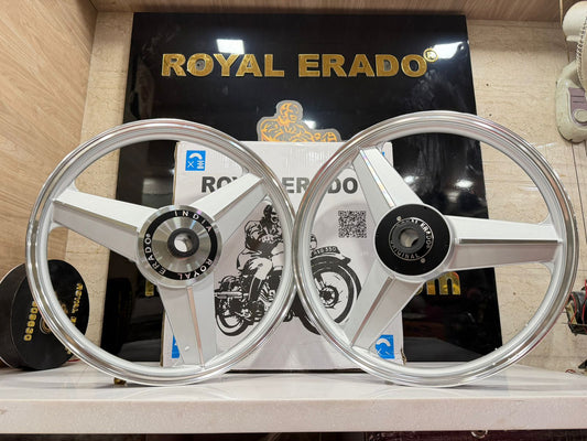 Royal erado Imported Mercedes diamond alloy wheel in silver color for royal enfield standard abs and electra ( front 19” disc rear 19” drum )