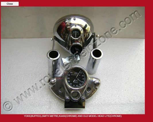 NEW ROYAL ENFIELD 1962 MODEL G2 LUCAS VINTAGE OLD MODEL TYPE HEADLIGHT ASSEMBLY CHROME  WITH HEAD LIGHT 7" , METER , HADNLE YOKE /BRACKET , HEAD LIGHT KAAN BRACKET