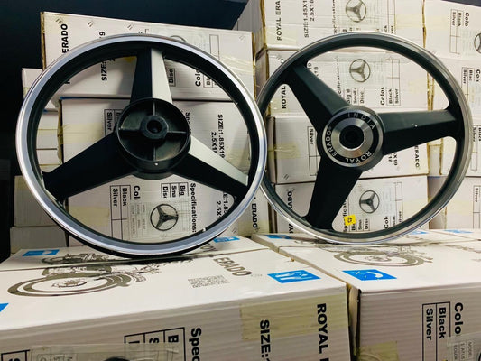 ROYAL ERADO Imported Mercedes Diamond black Alloy Wheel without line Set BIG drum brake | For Splendor I3S N SPLENDOR PLUS N SPLENDOR PRO / hf deluxe / passion / passion pro / super splendor / hero Honda new model splendor (  front 18” & rear 18” big )