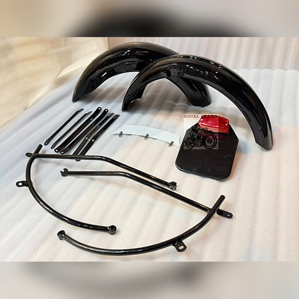 Royal Enfield Front And Rear G2 1962 Model Black Painted Mudguard With Stays & Front, Rear Number Plate For Classic Electra Standard