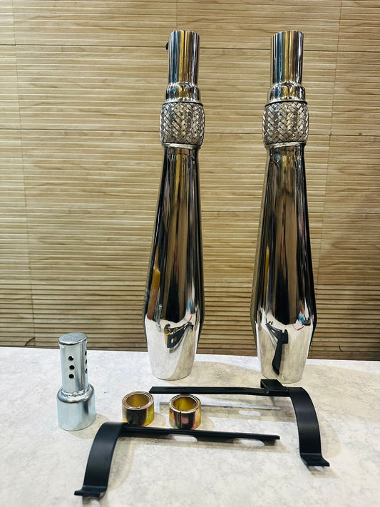 megaphone exhaust with base sound  and db killer to increase or decrease the sound  stainless steel chrome exhaust for jawa perak , bobber ,  42