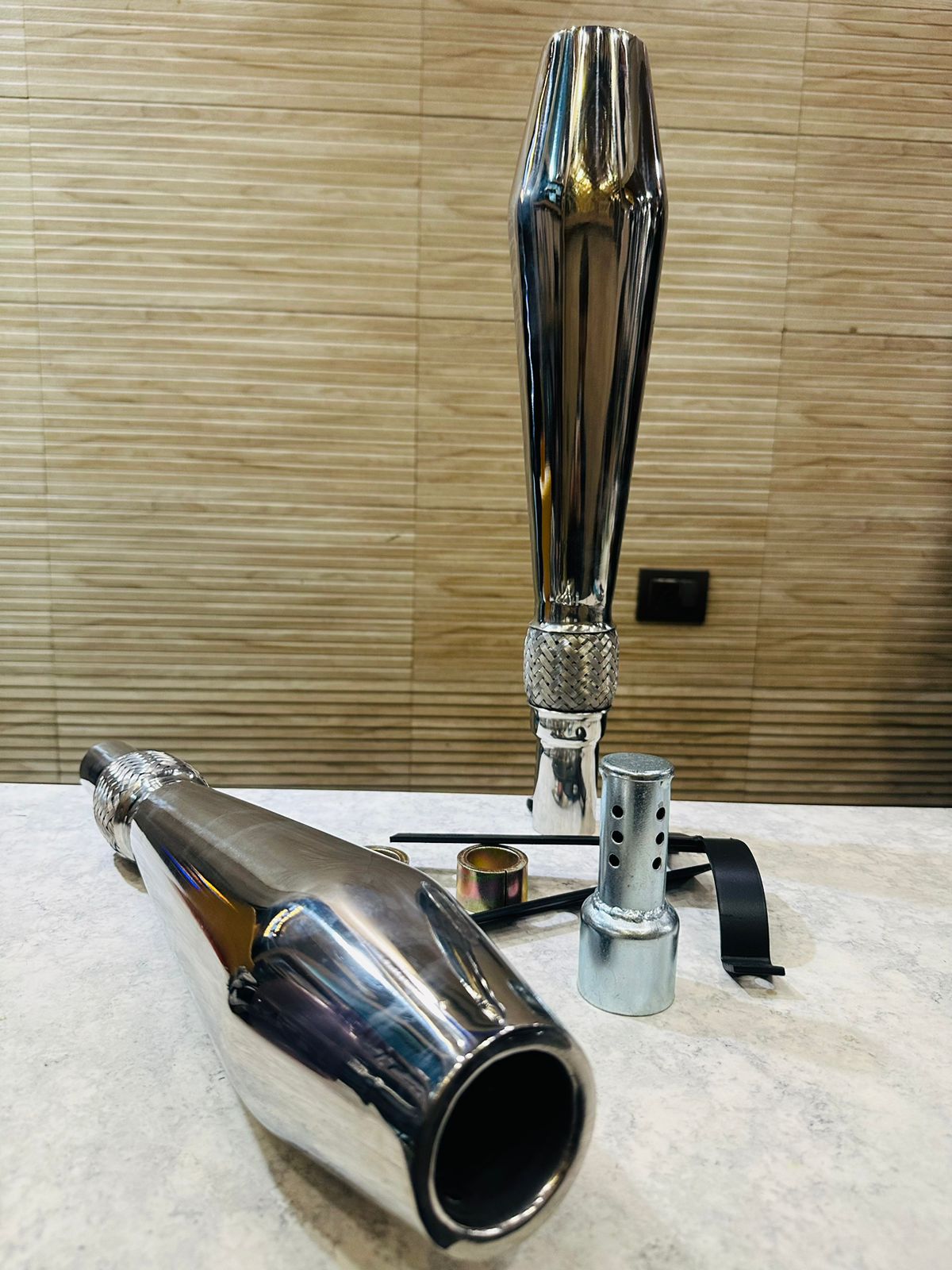 megaphone exhaust with base sound  and db killer to increase or decrease the sound  stainless steel chrome exhaust for jawa perak , bobber ,  42