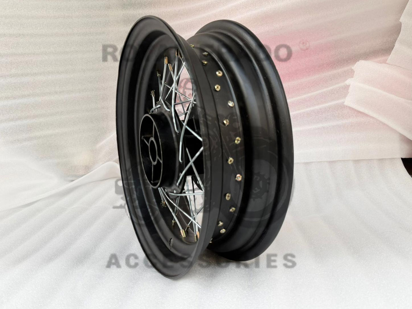 Rear 16" Black Wheel Rims 5" Wide In Mild Steel (Iron) For Broad Tyre And Balloon Bobber Tyres, For Royal Enfield Classic Electra Standard Reborn Classic Battalion Standard, Interceptor & Continental, Gt650