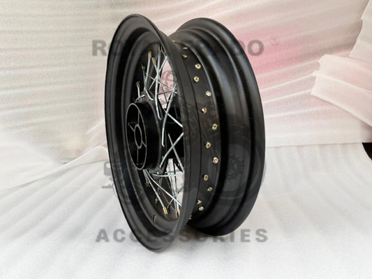 Rear 16" Black Wheel Rims 5" Wide In Mild Steel (Iron) For Broad Tyre And Balloon Bobber Tyres, For Royal Enfield Classic Electra Standard Reborn Classic Battalion Standard, Interceptor & Continental, Gt650