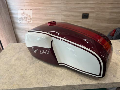 Royal Enfield Cafe Racer Gt 650 Style Custom Fuel Tank – Metallic Wine Red & Ivory White Dual Tone With Pinstripes – Custom Tank For Classic, Electra, Standard & Thunderbird