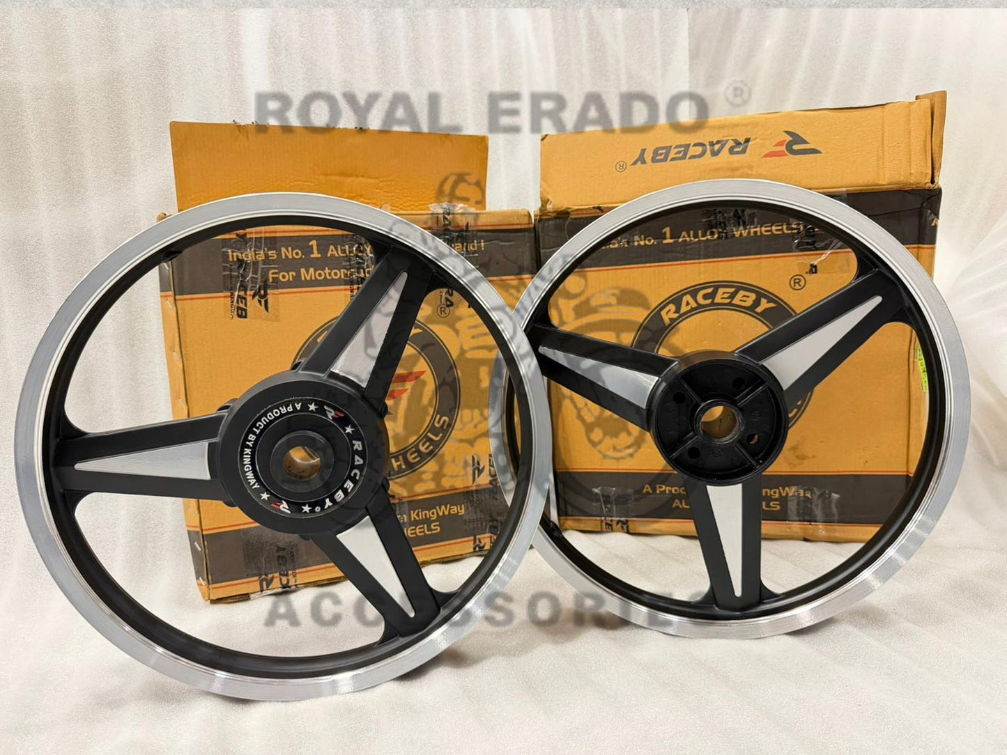Kingway Raceby Broad Mercedes Diamond Chrome Cnc Black Alloy Wheel Set For Royal Enfield Classic Double Disc And Thunderbird (Front 19” Disc & Rear Disc 18")