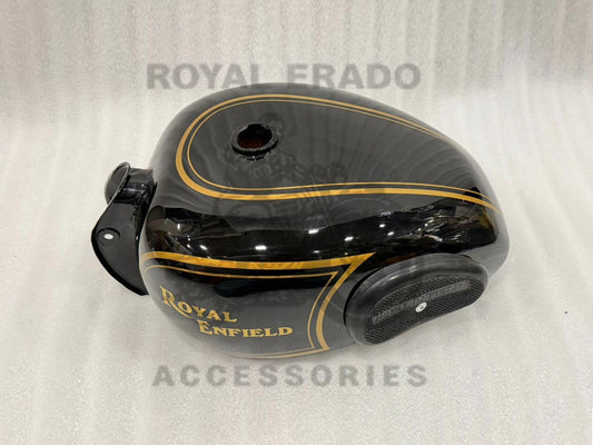 18 To 20 Liters Black Tank With Knee Pad & Golden Pinstriped Painted Lining For Royal Enfield Vintage G2 1962 Old Model Bullet 350 Classic Electra Standard Before 2013 Model