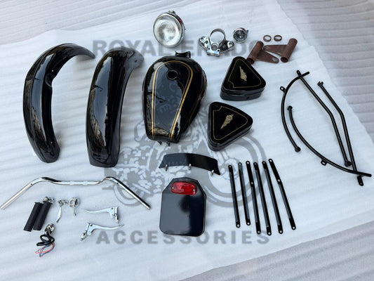 Vintage G2 Kit Indore Kit In Black (G2 Mudguard With Front And Rear Stays & Front & Rear Number Plate With Tail Light, G2 Tank With Monogram & Toolbox, Lever Handle Kit & G2 Head Light Assembly)