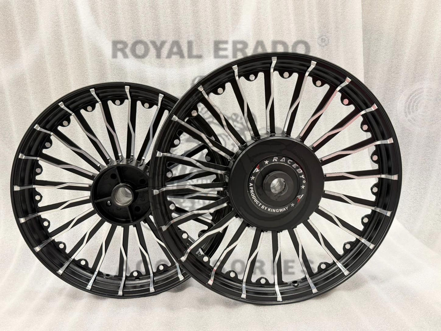 Kingway Raceby 20 Spoke Harley Design Alloy Wheel Set For Royal Enfield Classic Single Disc And Standard 500cc (Front 19” Disc & Rear Drum 18")