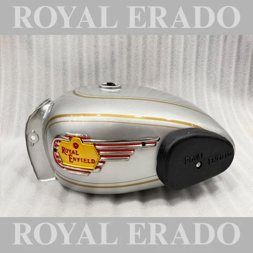 Vintage G2-style Silver Tank With Monogram, Knee Pad & Golden Lining For 1962 Old Model Bullet 350 Classic Electra Standard Cast Iron Engine ( Before 2012 Model )