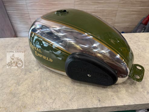 Royal Enfield Vintage G2 Style Chrome Aluminium Fuel Tank – Non-rusting, Olive Green Painted With Knee Pads – For Classic, Electra & Standard Uce Models