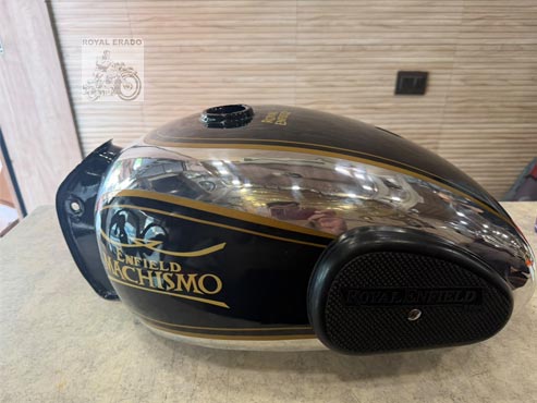 Royal Enfield Vintage Machismo Style 14 Gauge Chrome Aluminium Fuel Tank – Non-rusting, Black & Chrome With Gold Pinstripes & Knee Pads – For Classic, Electra, Standard, Vintage G2
