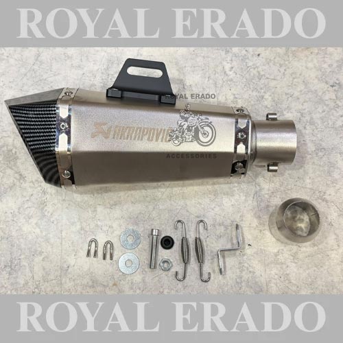 Universal Slip-on Silencer Hexa Cut Akrapovic Exhaust With Db Killer Silencer For Bajaj, Tvs, Ktm, Suzuki, Yamaha,  Hero Universal For Bike (Silver With Carbon Fibre Cap ) 36-51mm Muffler Pipe