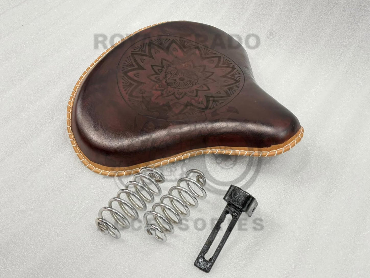 Royal Enfield Vintage G2 1962 Old Model Bullet 350 Kabir Singh Style Dark Burgundy Brown Leather Engraved Embossed Front Solo Seat (Arjun Ready Seat) For Classic Electra Standard Reborn Classic