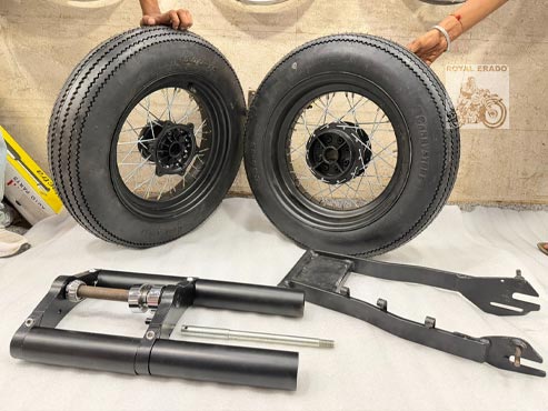 Harley Style Bobber Kit With Front And Rear Wheel & Balloon Tyre  (Tyre Size 16" By 5") Front Front Fork & Broad Swing Arm, Harley Style Handlebar For Royal Enfield Classic Electra Standard Thunderbird