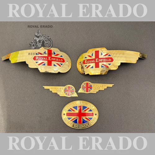 Made In England &nbsp;brass Kit With Tank Monogram, Rear Mudguard &nbsp;cad &amp; Toolbox Bullet 350 Monogram &nbsp;for Vintage G2 1972 Old Model Bullet 350 Royal Enfield Classic, Electra, Standard Reborn Classic, New Standard Battalion