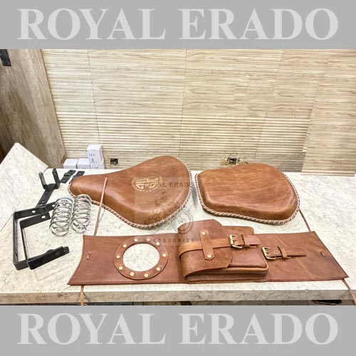 Vintage G2 1962 Old Model Bullet 350 Arjun Reddy Kabir Singh Leather Seat & Leather Tank Cover (Tank Bag/Tank Tidy) In Brown For Royal Enfield Classic Electra Standard Reborn Classic
