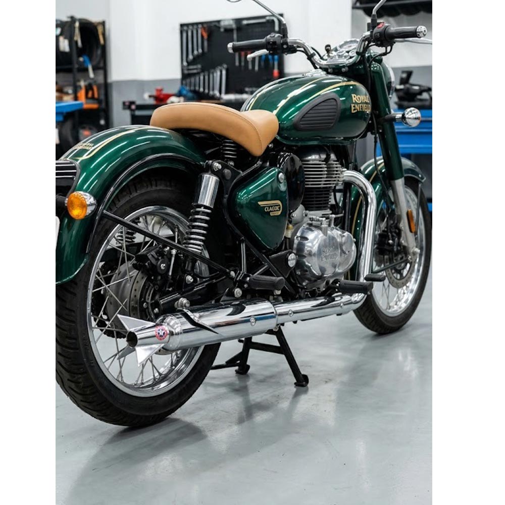 Royal Enfield Chrome Silencer Rocket For Classic Electra Standard, New Battalion Reborn Classic Emerald Green For Indore & Small Mouth Punjab & Original Silencer
