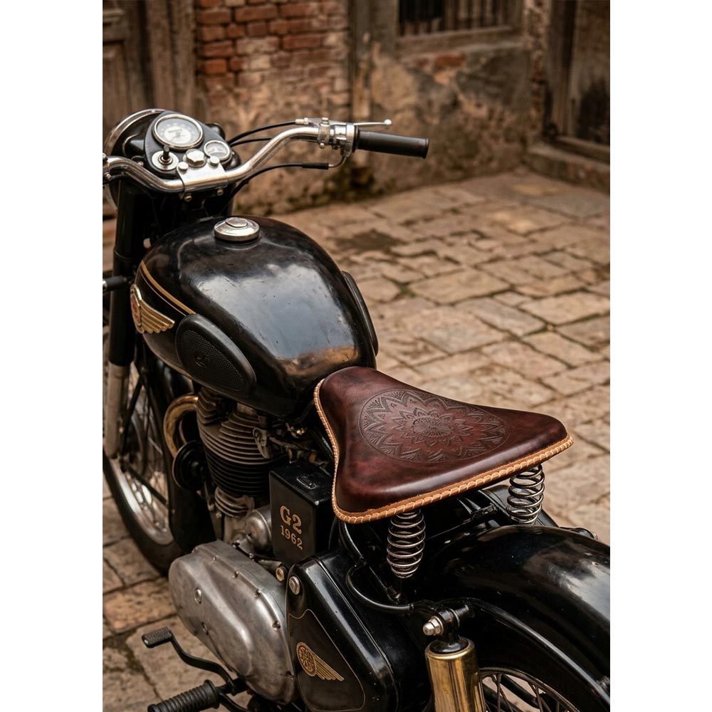 Royal Enfield Vintage G2 1962 Old Model Bullet 350 Kabir Singh Style Dark Burgundy Brown Leather Engraved Embossed Front Solo Seat (Arjun Ready Seat) For Classic Electra Standard Reborn Classic